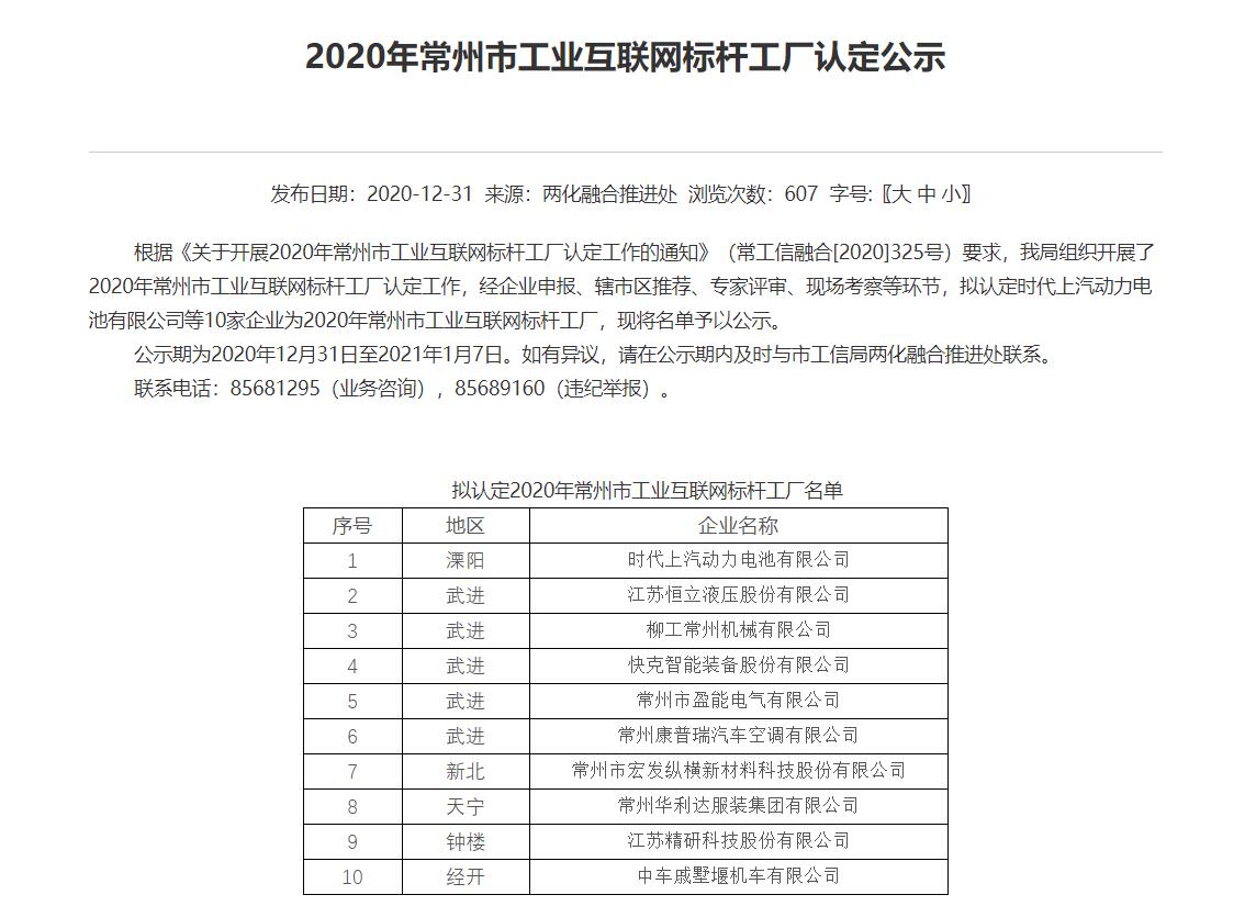 華利達成為2020年常州市工業(yè)互聯(lián)網(wǎng)標桿工廠